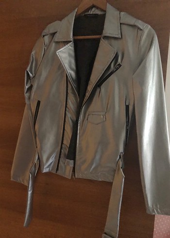 Gri Kadın Deri Biker Ceket