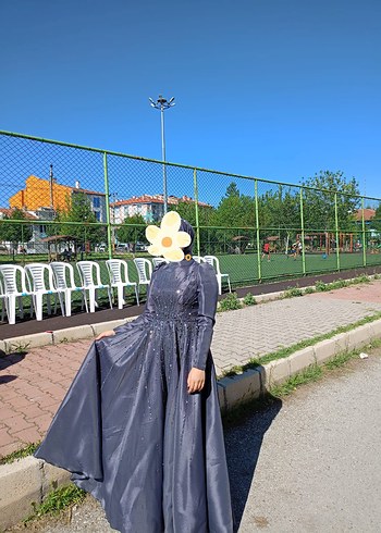 Gri Uzun Kollu Drapeli Uzun Abiye