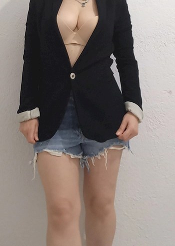 Siyah Mini Denim Kadın Blazer