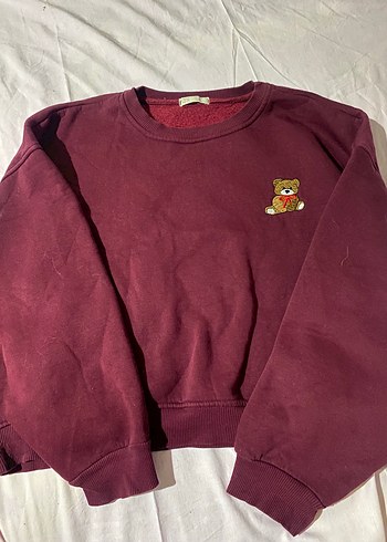 Bordo Oversize Kadın Sweatshirt Ayıcık Desenli