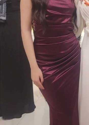 s Beden bordo Renk Bordo Drapeli Uzun Abiye Elbise