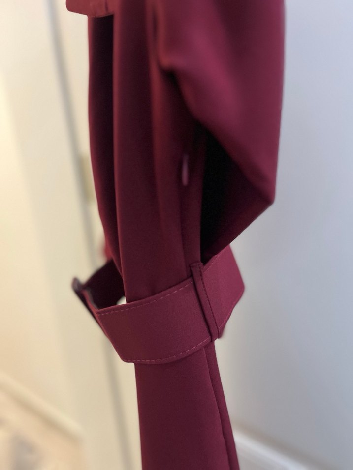 Kemerli Bordo Kadın Uzun Klasik Ceket - Görsel 3