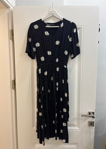 Siyah Papatya Desenli Uzun Elbise - Görsel 4