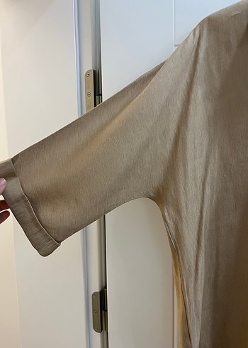 Bej Düğmeli Keten Midi Gömlek - Görsel 4