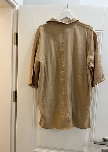 Bej Düğmeli Keten Midi Gömlek - Görsel 5