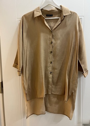 Bej Düğmeli Keten Midi Gömlek - Görsel 2