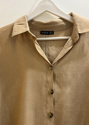 Bej Düğmeli Keten Midi Gömlek - Görsel 3