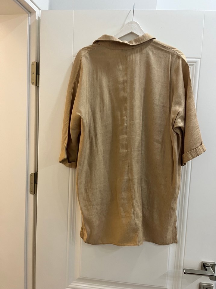 Bej Düğmeli Keten Midi Gömlek - Görsel 5
