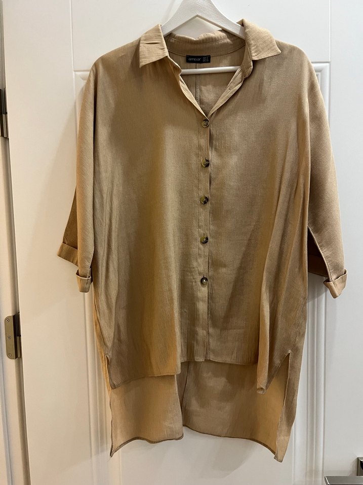 Bej Düğmeli Keten Midi Gömlek - Görsel 2