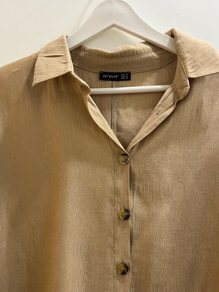 Bej Düğmeli Keten Midi Gömlek - Görsel 3
