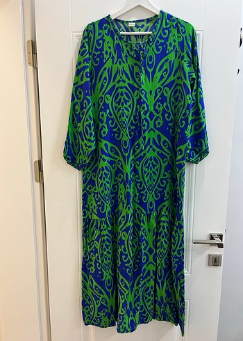 Renkli V Yaka Uzun Salaş Kadın Elbise - Görsel 6