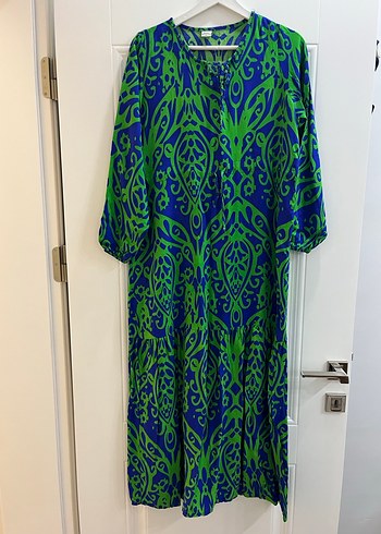 Renkli V Yaka Uzun Salaş Kadın Elbise - Görsel 5