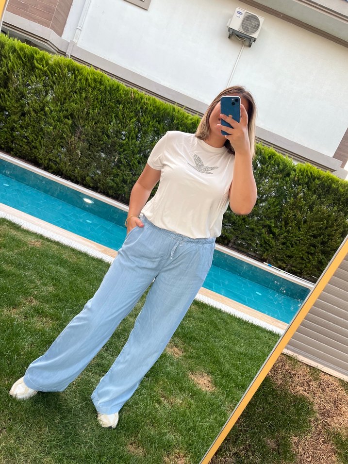 Mavi Bağcıklı Bol Kesim Midi Kot Pantolon - Görsel 2