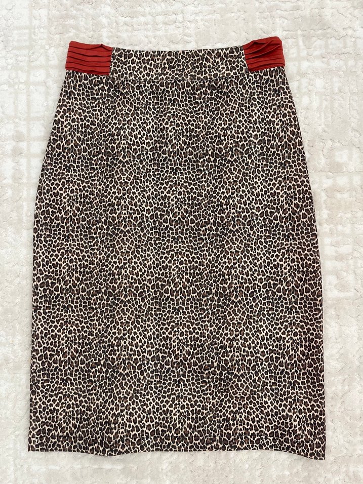 Kahverengi Leopar Desenli Kadın Midi Etek - Görsel 4