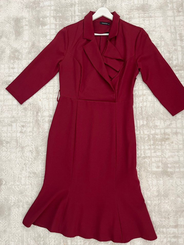 Bordo Dirsek Kollu Modern Klasik Elbise - Görsel 3