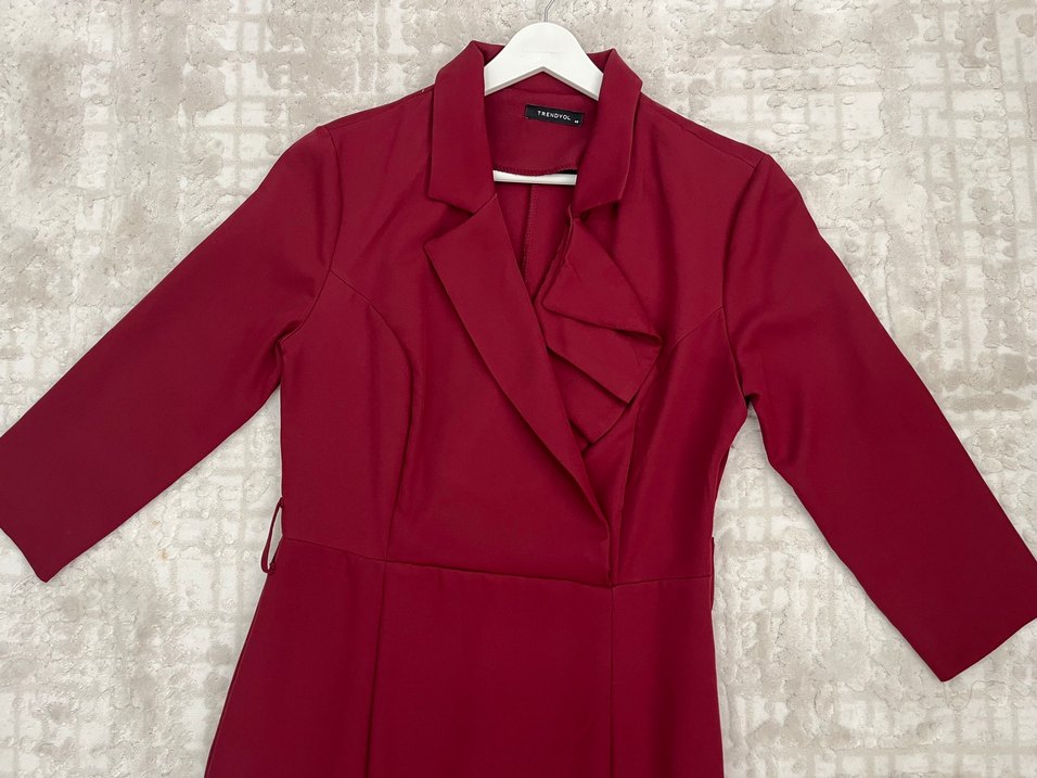 Bordo Dirsek Kollu Modern Klasik Elbise - Görsel 4