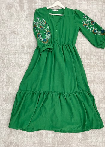 Nakışlı Yeşil Bohem Uzun Elbise - Görsel 2