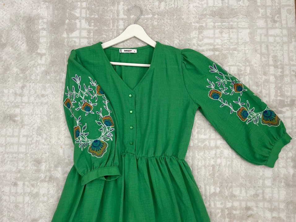 Nakışlı Yeşil Bohem Uzun Elbise - Görsel 3