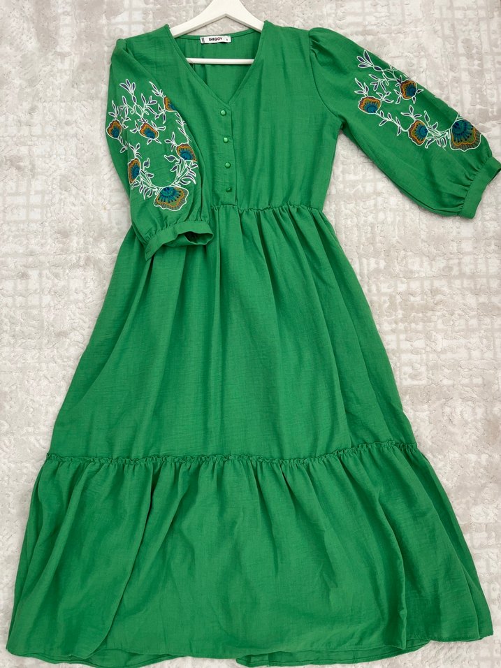 Nakışlı Yeşil Bohem Uzun Elbise - Görsel 5