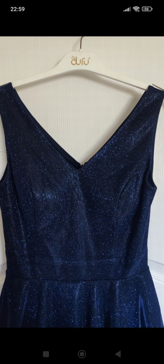 Parlak Lacivert V Yakalı Volanlı Midi Elbise - Görsel 4