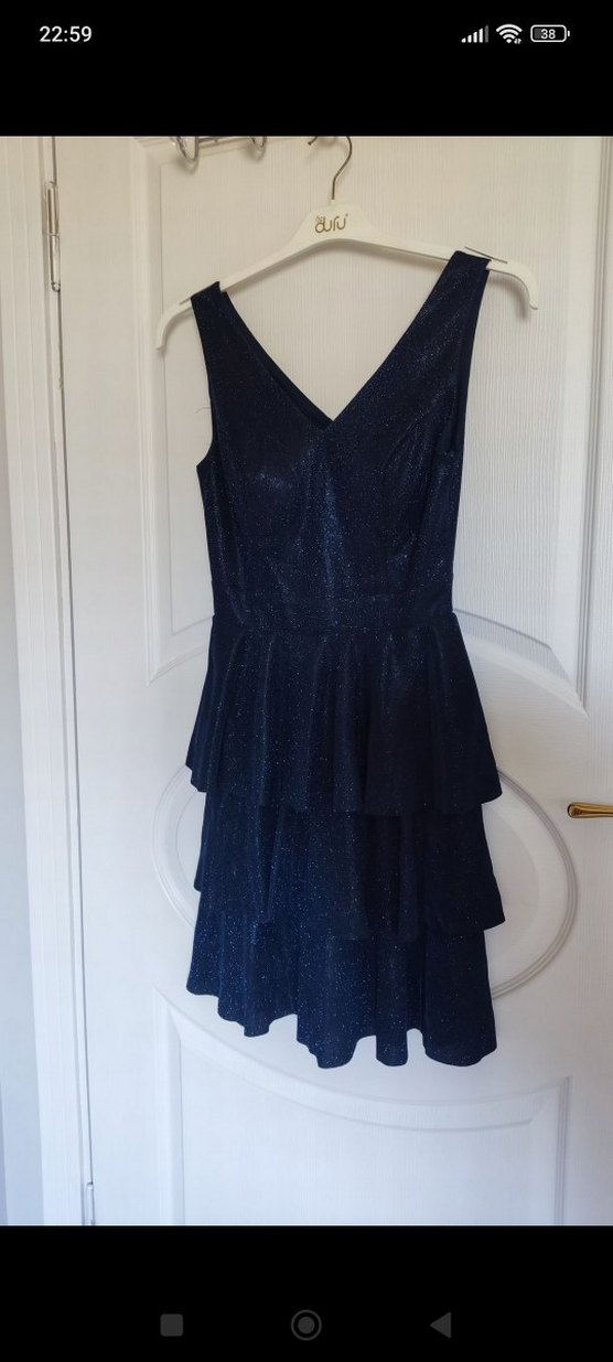 Parlak Lacivert V Yakalı Volanlı Midi Elbise - Görsel 3