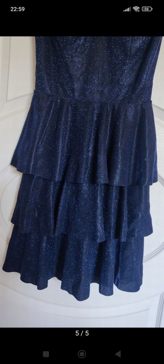 Parlak Lacivert V Yakalı Volanlı Midi Elbise - Görsel 5