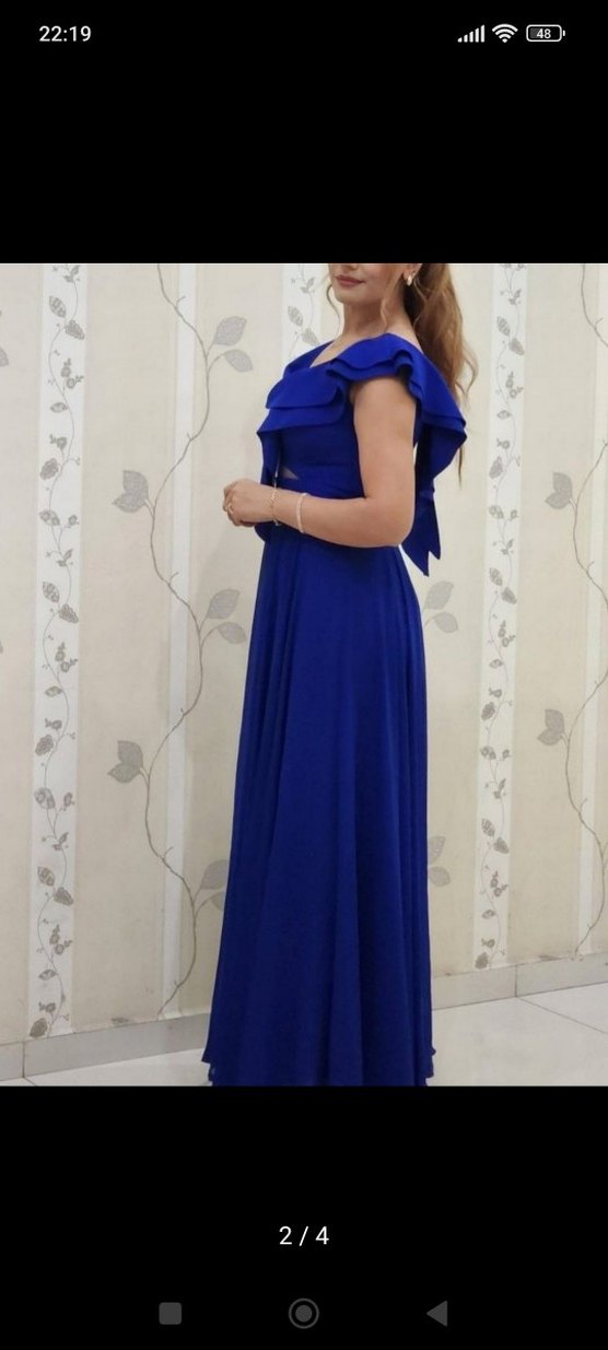 Uzun Mavi Drapeli V Yakalı Kadın Abiye - Görsel 2