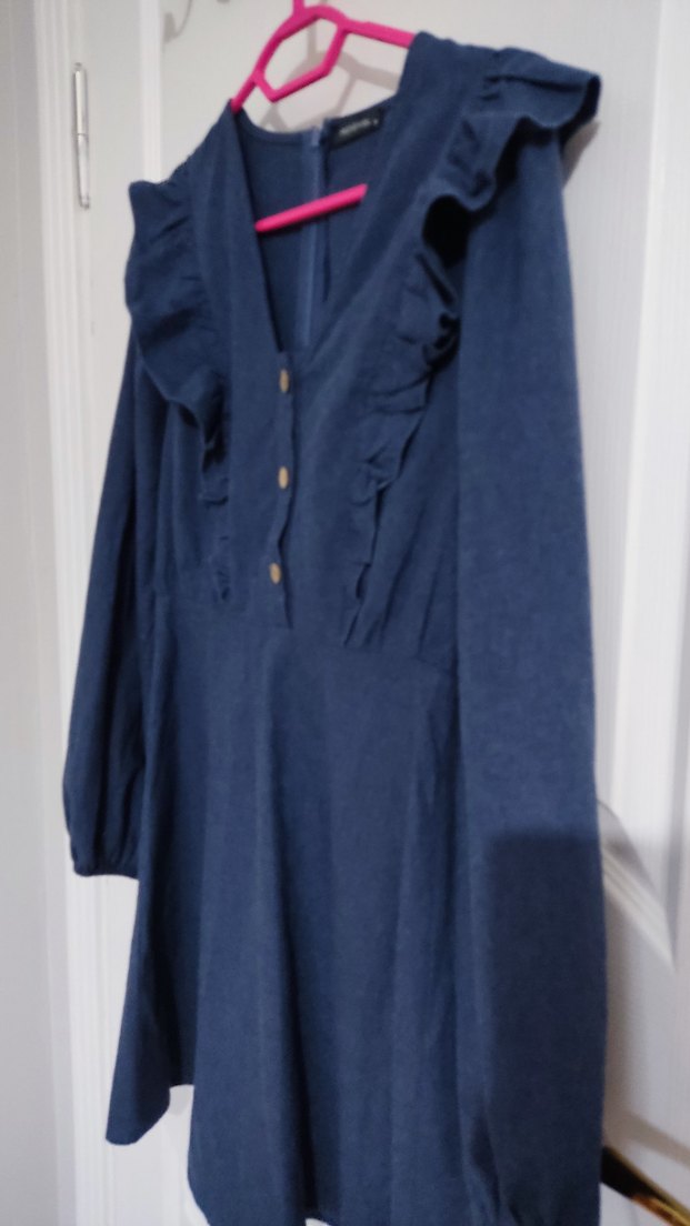 Uzun Kollu Lacivert Fırfırlı Midi Elbise - Görsel 2