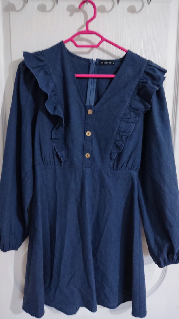 Uzun Kollu Lacivert Fırfırlı Midi Elbise - Görsel 4