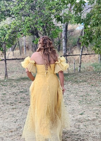 Sarı Nakışlı Bohem Uzun Abiye Elbise - Görsel 3