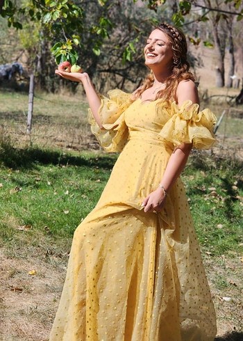 Sarı Nakışlı Bohem Uzun Abiye Elbise - Görsel 2