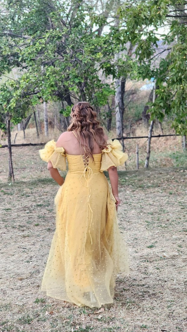 Sarı Nakışlı Bohem Uzun Abiye Elbise - Görsel 3