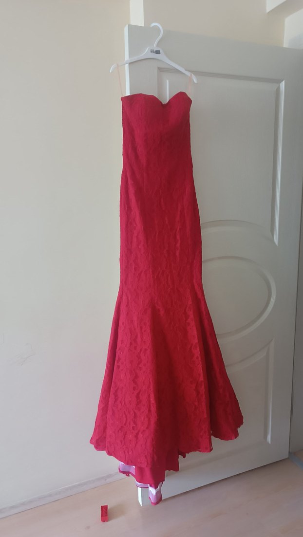 Kırmızı  Uzun Straplez Abiye - Görsel 3