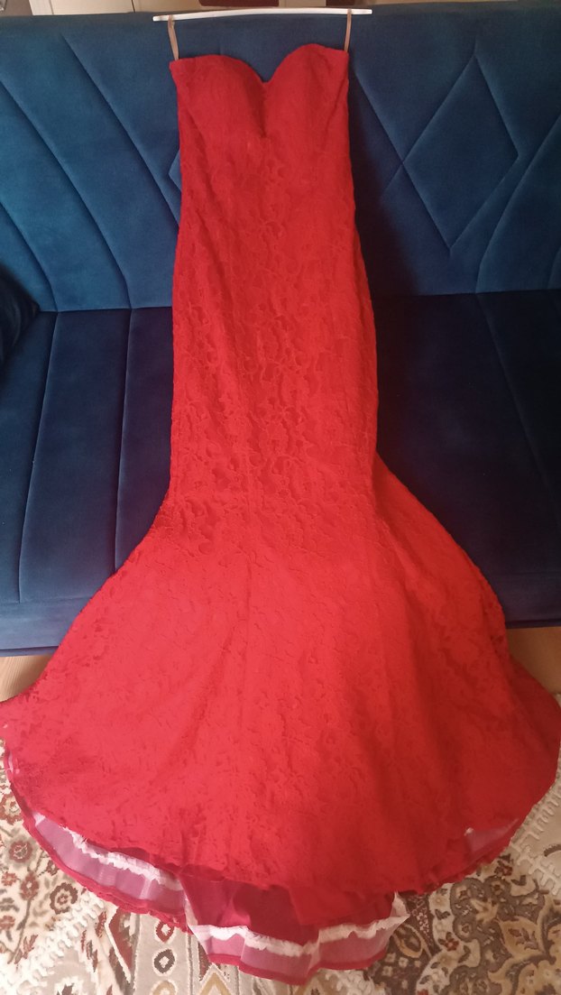 Kırmızı  Uzun Straplez Abiye - Görsel 4