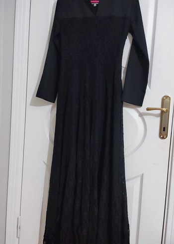 Dantel Detaylı Siyah Uzun Kollu V Yaka Elbise - Görsel 5