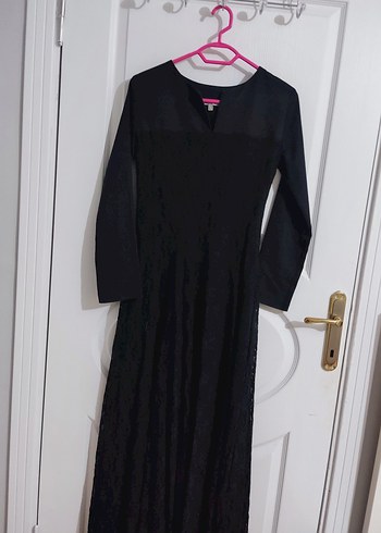 Dantel Detaylı Siyah Uzun Kollu V Yaka Elbise - Görsel 2