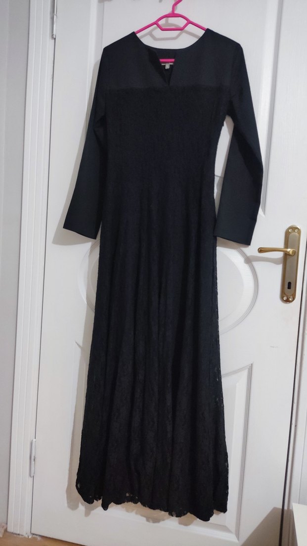 Dantel Detaylı Siyah Uzun Kollu V Yaka Elbise - Görsel 5