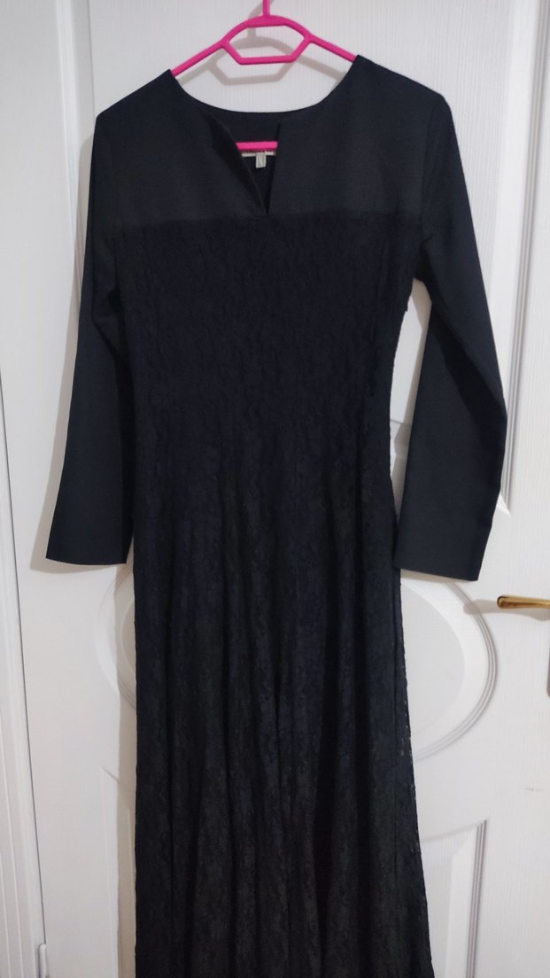 Dantel Detaylı Siyah Uzun Kollu V Yaka Elbise - Görsel 4