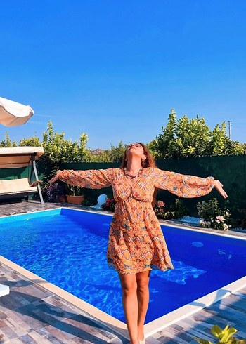 s Beden çeşitli Renk Bohem Çok Renkli kısa V Yaka Elbise