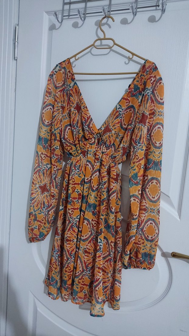 Bohem Çok Renkli kısa V Yaka Elbise - Görsel 3