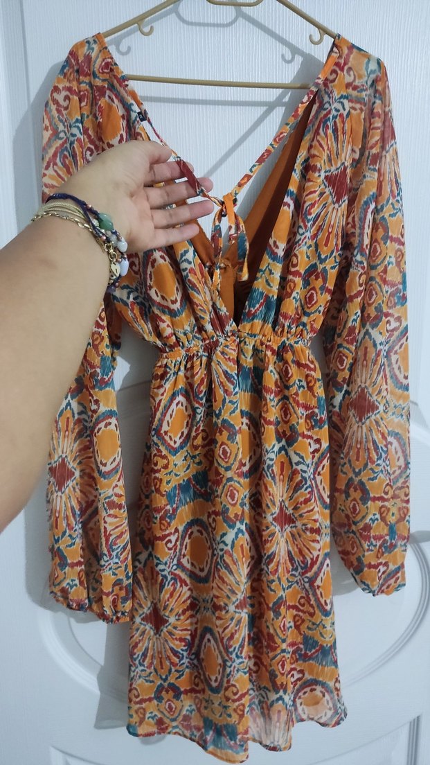 Bohem Çok Renkli kısa V Yaka Elbise - Görsel 2