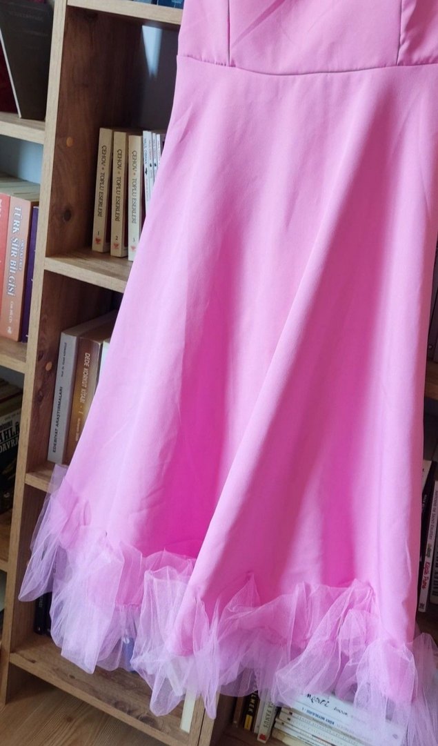 İnce Askılı Pembe Uzun Elbise - Görsel 3