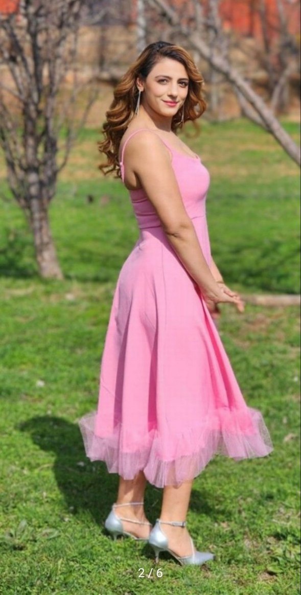 İnce Askılı Pembe Uzun Elbise - Görsel 2