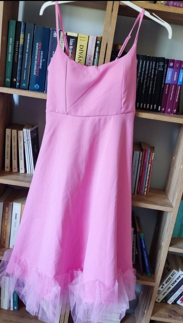 İnce Askılı Pembe Uzun Elbise - Görsel 4