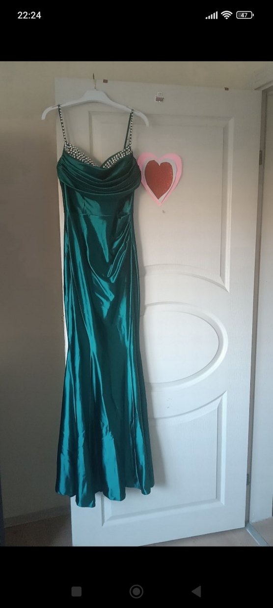 Yeşil Parlak Göğüs Bölümü Taşlı Uzun Abiye Elbise - Görsel 4