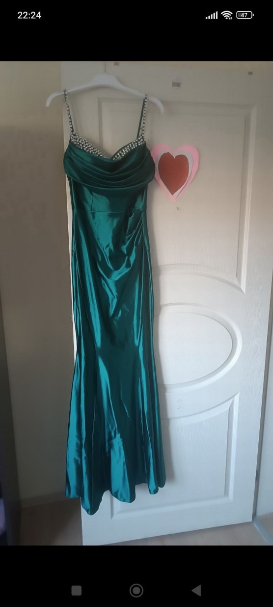 Yeşil Parlak Göğüs Bölümü Taşlı Uzun Abiye Elbise - Görsel 2