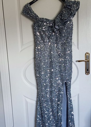 Gri Payet İşlemeli Uzun Abiye Elbise - Görsel 6