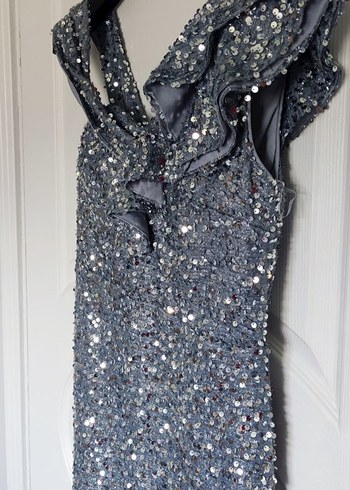 Gri Payet İşlemeli Uzun Abiye Elbise - Görsel 5