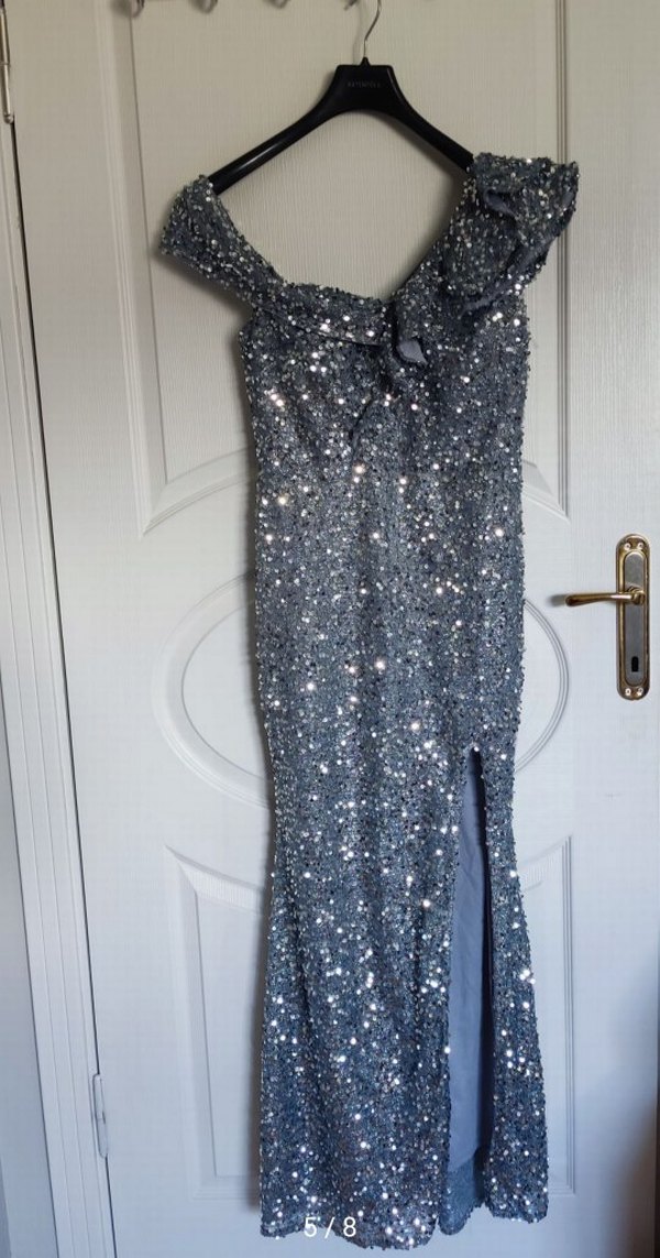 Gri Payet İşlemeli Uzun Abiye Elbise - Görsel 4