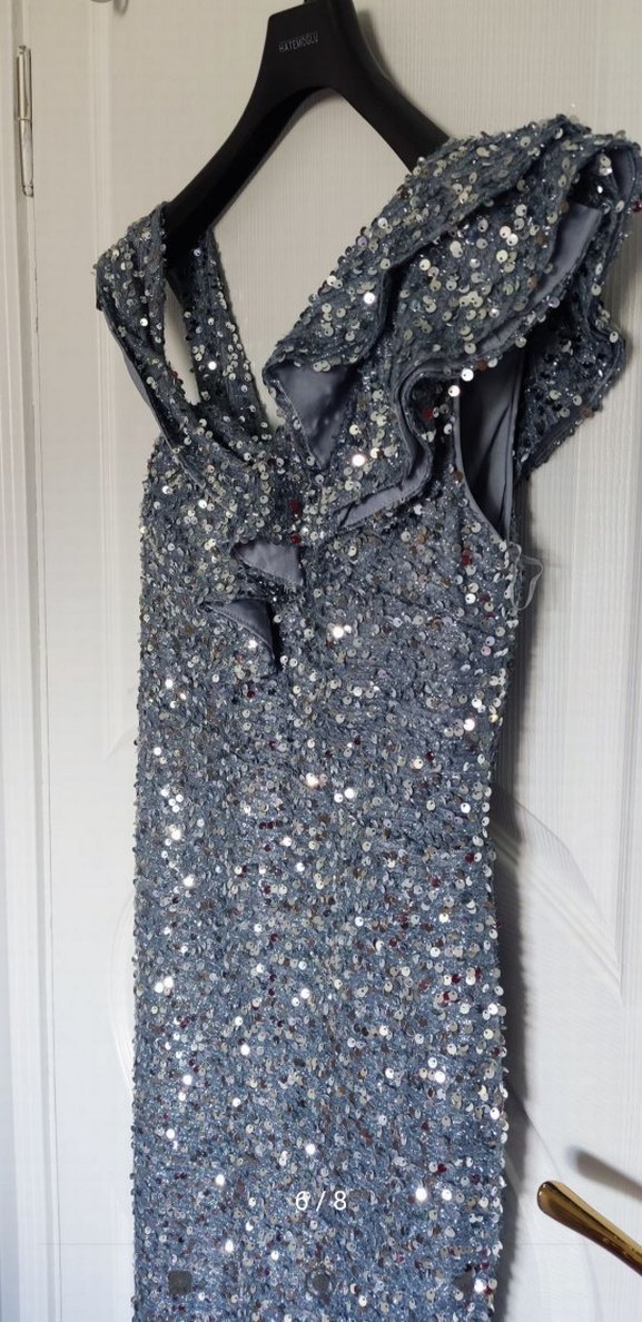 Gri Payet İşlemeli Uzun Abiye Elbise - Görsel 5